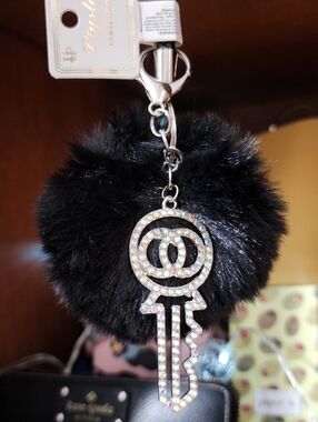 Black Faux Fur Keychain Pom with Crystal Key Bag Charm